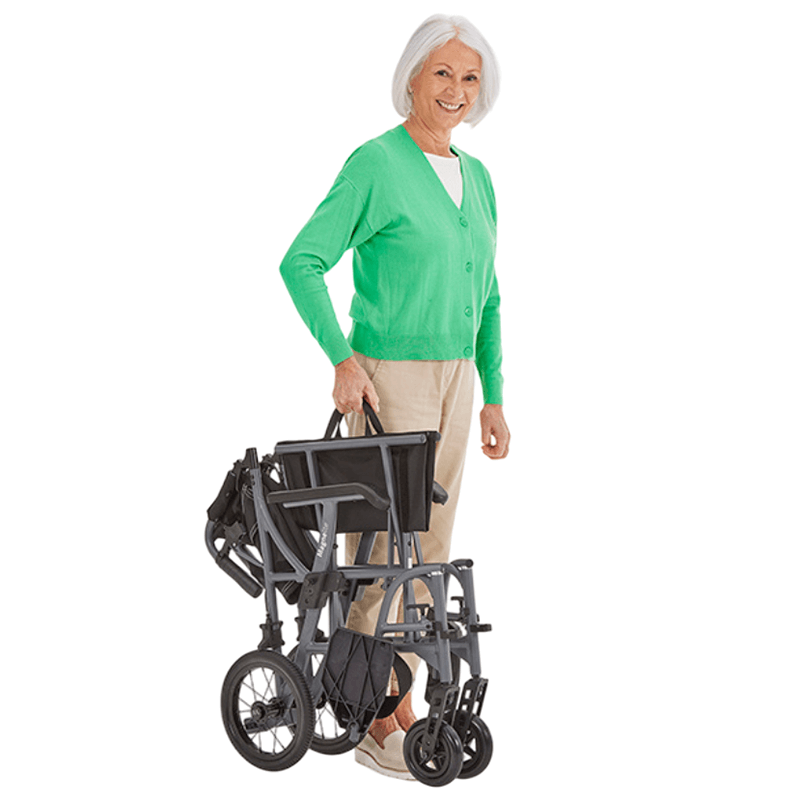 Introducing the Motion Healthcare Magnelite Transit Wheelchair, a lightweight and versatile mobility solution for indoor and outdoor use. Its folding aluminum frame ensures easy storage and transportation, while the magnesium alloy construction offers durability and style. Features include cushioned seating, folding armrests, quick-release rear wheels, and attendant brakes for safety and convenience. Experience newfound comfort and independence with the Motion Healthcare Magnelite Transit Wheelchair.