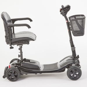 Inspired by our Lithilite and Alumina models, the affordable Airscape Portable Travel Scooter with Lithium Battery is perfect for new mobility users.  Lightweight and budget-friendly, it disassembles easily, with the heaviest part at 33 lbs. The 4.5 lb Lithium-ion battery supports up to 21 stone for 10 miles per charge.  Features include simple controls, a swivel seat, and flip-up armrests. Available in Black, the Airscape is a compact and valuable mobility solution.