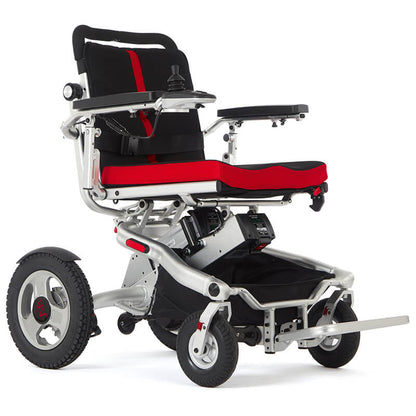 Aerolite Trekker Folding Electric Wheelchair: versatile for on and off-road use, easy to fold/unfold, adjustable back, armrests, footrest, dual batteries for 18 miles, anti-tip wheels, advanced suspension, 250W motors, contoured cushion, user-friendly controls, USB socket, auto shut-down, SOS alarm, three joystick settings, 29km range.