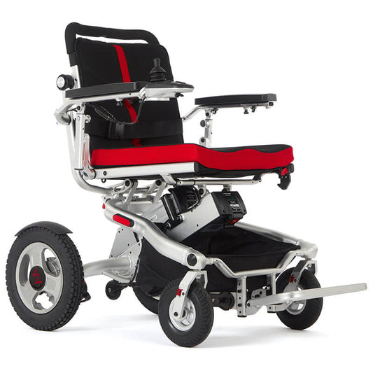 Aerolite Trekker Folding Electric Wheelchair: versatile for on and off-road use, easy to fold/unfold, adjustable back, armrests, footrest, dual batteries for 18 miles, anti-tip wheels, advanced suspension, 250W motors, contoured cushion, user-friendly controls, USB socket, auto shut-down, SOS alarm, three joystick settings, 29km range._img