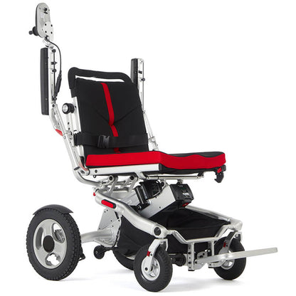 Aerolite Trekker Folding Electric Wheelchair: versatile for on and off-road use, easy to fold/unfold, adjustable back, armrests, footrest, dual batteries for 18 miles, anti-tip wheels, advanced suspension, 250W motors, contoured cushion, user-friendly controls, USB socket, auto shut-down, SOS alarm, three joystick settings, 29km range.