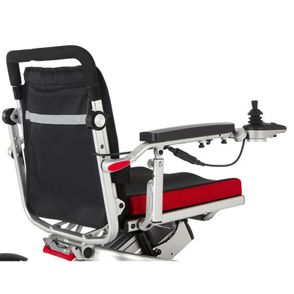 Aerolite Trekker Folding Electric Wheelchair: versatile for on and off-road use, easy to fold/unfold, adjustable back, armrests, footrest, dual batteries for 18 miles, anti-tip wheels, advanced suspension, 250W motors, contoured cushion, user-friendly controls, USB socket, auto shut-down, SOS alarm, three joystick settings, 29km range.