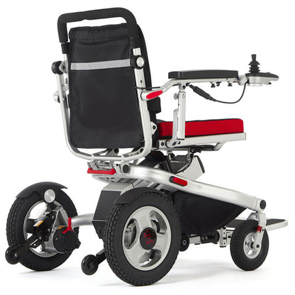 Aerolite Trekker Folding Electric Wheelchair: versatile for on and off-road use, easy to fold/unfold, adjustable back, armrests, footrest, dual batteries for 18 miles, anti-tip wheels, advanced suspension, 250W motors, contoured cushion, user-friendly controls, USB socket, auto shut-down, SOS alarm, three joystick settings, 29km range.