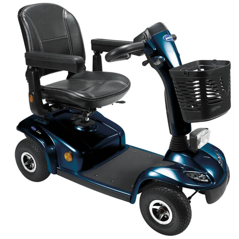 The Invacare Leo Mobility Scooter is a reliable and convenient premium shopping scooter, offering a 23-mile range with 36ah batteries and large pneumatic tyres for stability. It features ample storage, splash protection, an adjustable delta tiller, and front and rear lights.The 4-wheel Leo provides a smooth ride with automatic headlights, self-cancelling indicators, and a rear brake light for added safety.