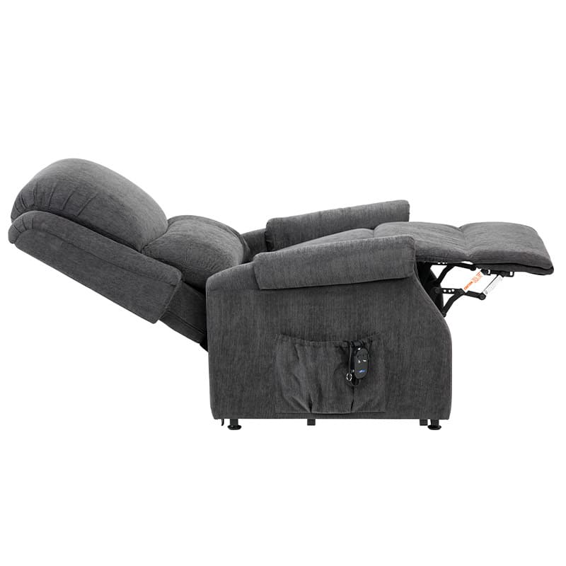 The Como Petite Riser Recliner has a smooth, comfy chenille upholstery fabric that is delightful and comforting. The motor is smooth and quiet, assisting users in rising or reclining to sleep. The Indiana's soft padded, curved seat and back make it more comfortable, and it has a convenient side pocket for storing items. The remote is simple to utilise, with only two buttons.