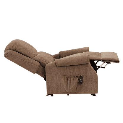 The Como Petite Riser Recliner has a smooth, comfy chenille upholstery fabric that is delightful and comforting. The motor is smooth and quiet, assisting users in rising or reclining to sleep. The Indiana's soft padded, curved seat and back make it more comfortable, and it has a convenient side pocket for storing items. The remote is simple to utilise, with only two buttons.