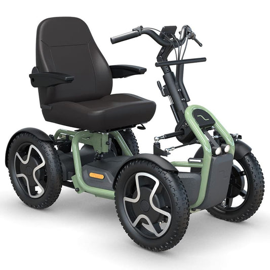 Embrace the future of mobility with the Scoozy S800, a stylish outdoor mobility scooter intended to satisfy modern mobility needs. As a natural development from cycling, the S800 provides a straightforward experience with familiar controls, such as a thumb throttle and hand-operated brakes. Enjoy pleasant rides on all terrains thanks to its excellent suspension and ergonomic seating position, which is improved by substantial legroom beneath the handlebars._img