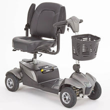 Load image into Gallery viewer,  The Motion Healthcare Aura builds on the Airium&#39;s success, offering a lightweight aluminium frame (15.5kg) and a 2.6kg lithium battery with a 21-mile range. Features include pneumatic tyres, front/rear suspension, an adjustable swivelling captain&#39;s seat with flip-up armrests, and a digital LCD control panel with a front light, indicators, and adjustable delta tiller. It disassembles into six parts for easy transport, making it ideal for various terrains and travel.