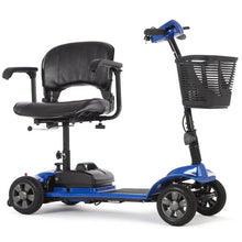 Load image into Gallery viewer, The eTravel Portable Mobility Scooter is lightweight, compact, and perfect for travel. It features a quick-release T-bar and easy disassembly for effortless transport and storage. Enjoy comfort with soft handgrips, a dual-rotating padded seat, and a large storage basket. With excellent traction, stability, and a user weight capacity of up to 21 stone, this scooter is reliable and affordable.